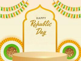 Happy Republic Day Font With Tricolor Paper Flower Or Badge, 3D Empty Stage And Bunting Flags On Cosmic Latte Background. vector