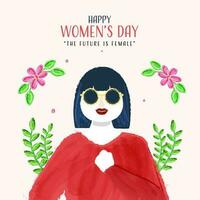 Brush Stroke Effect Young Lady Holding Fist On Chest And Floral Decorated Pink Background For Happy Women's Day Concept. vector