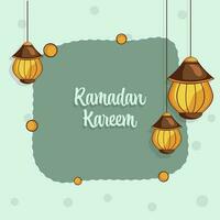 Ramadan Kareem Font With Traditional Lanterns Hang On Turquoise Background. vector
