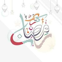 Stylish Ramadan Kareem Calligraphy In Arabic Language With Linear Lanterns And Stars Hang Decorated On White Background. vector