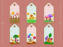 Spring Colorful Printed Tag Set On Peach Background. vector