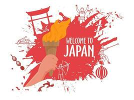 Welcome To Japan Poster Design With Hand Holding Flaming Torch And Red Brush Stroke On White Background. vector