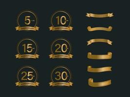 Anniversary Emblem Set With Golden Ribbon On Black Background. vector