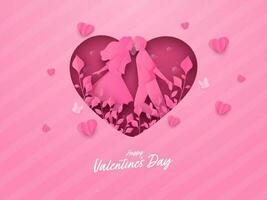 Happy Valentine's Day Greeting Card With Paper Cut Loving Couple, Leaves And Hearts Decorated On Pink Stripe Background. vector