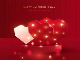 Happy Valentine's Day Concept With 3D Hearts At Podium, Balls And Lights Effect On Red Background. vector