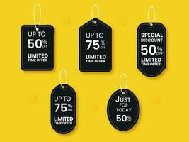 Black Color Sale Tags Collection With Different Discount Offers On Yellow Background. vector