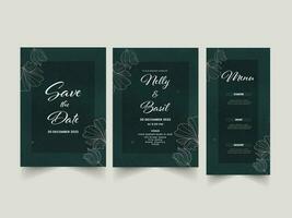 Wedding Invitation Card As Save The Date, Menu Template Layout And Event Details On Gray Background. vector