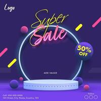 Super Sale Poster Design With Discount Offer On Purple Background. vector