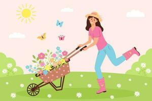 Happy woman pushing garden cart with flowers on the meadow. Sunny landscape with floral wheelbarrow, female gardener and butterflies. Agriculture, farming, gardening, spring or summer concept. vector