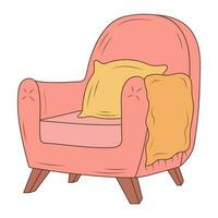 Cozy hygge armchair with pillow and plaid. Hand drawn illustration in doodle style. vector