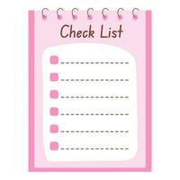 Pink check list with spiral. Template for planners, agenda, schedule, checklists, notebooks, cards and other stationery. Planning, office, business, organization of work concept. vector