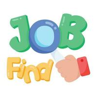 Find job typography with magnifier, flat sticker vector