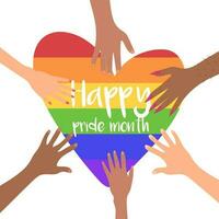 Happy pride month poster depicting people of different genders putting hands together towards rainbow heart. vector