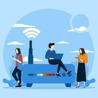 internet connection using concept, people characters with wifi router, Men and women in casual clothes using internet connection. Flat design vector illustration on blue background.