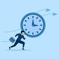 hora administración concepto, disciplina, fecha límite tiempo, empresario corriendo adelante de el reloj, fecha límite negocio y eficiente concepto. plano vector ilustración en azul antecedentes.