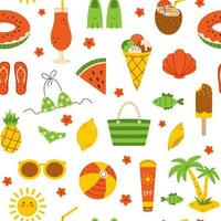 Vector summer seamless pattern in flat design. Background with beach holiday elements. Pattern with palm tree, ice cream, watermelon, pineapple. Summer vacation.
