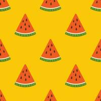 Vector seamless pattern with watermelon slices. Slices of fresh watermelon on yellow background. Summer backdrop with fresh juicy watermelons. Botanical pattern with tropical fruits or berries.