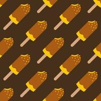 Vector seamless pattern with ice cream on stick. Ice cream on chocolate glaze on dark brown background. Pattern with eskimo pie in flat design.