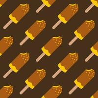 Vector seamless pattern with ice cream on stick. Ice cream on chocolate glaze on dark brown background. Pattern with eskimo pie in flat design.