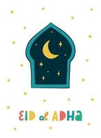 cute greeting card, poster, print, banner decorated with lettering quote Eid al Adha and hand drawn window with moon and stars. EPS 10 vector