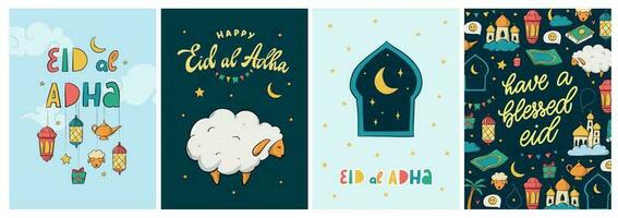 set of 4 Islamic greeting cards, posters, prints, banners for eid al adha deocrated with lettering quotes and doodles. EPS 10 vector