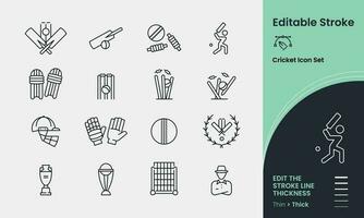 Cricket vector icon set containing 16 editable stroke icons. Perfect for logos, stats and infographics.