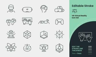 Virtual Reality vector icon set containing 16 editable stroke icons. Perfect for logos, stats and infographics.