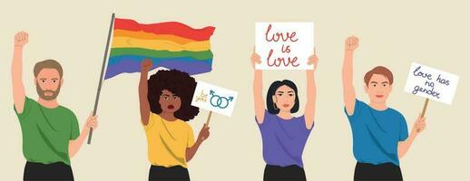gay desfile. interracial grupo de homosexual, lesbiana, Transgénero activistas participativo en lgbtq orgullo. vector