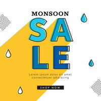 Monsoon Sale Poster Design With Water Drops On Chrome Yellow And White Background. vector
