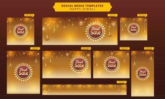 diwali rebaja social medios de comunicación bandera y modelo conjunto con iluminado petróleo lamparas en dorado ligero efecto antecedentes. vector