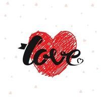 Black Love Font Over Red Scribble Heart On White Background. vector