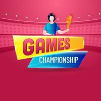 Games Championship Concept With Faceless Athlete Holding Flaming Torch On Pink Stadium Background. vector