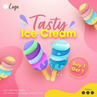 Tasty Ice Cream Poster Design In Pink Color With Buy 1 Get 1 Offer. vector