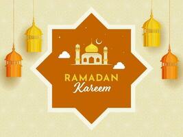 Ramadan Kareem Font With Mosque, Crescent Moon On Rub El Hizb Frame And Paper Lanterns Decorated Light Yellow Floral Pattern Background. vector