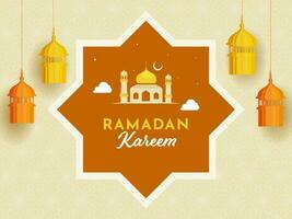 Ramadan Kareem Font With Mosque, Crescent Moon On Rub El Hizb Frame And Paper Lanterns Decorated Light Yellow Floral Pattern Background. vector