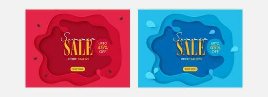 Summer Sale Poster Design With Discount Offer On Paper Layer Cut Background In Two Color Options. vector