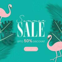 Summer Sale Poster Design With Discount Offer, Flamingo Birds And Tropical Leaves On Turquoise Background. vector