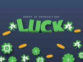 Paper Cut Luck Text With Flowers, Shamrock Leaves And Golden Coins Decorated On Blue Background For Happy St. Patrick's Day. vector