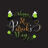 Happy St. Patrick's Day Calligraphy With Beer Mugs And Clover Leaves On Grey Background. vector