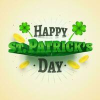 Happy St. Patrick's Day Text With Glossy Clover Leaves And Golden Coins On Light Yellow Background. vector