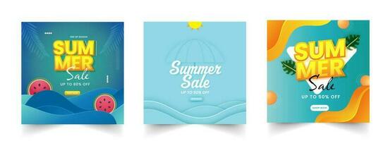 Summer Sale Poster Or Template Design With Discount Offer In Three Options. vector