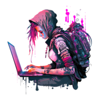 ai generativo sute menina hacker com computador portátil avatar dentro desenho animado estilo png