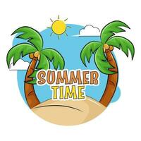 Sticker Style Summer Time Font With Two Coconut Tree, Sunny, Clouds On Blue And White Background. vector