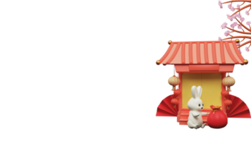 3D Render Of Cute Bunny Sitting With Gold Coin Bag, Chinese Temple Or House Decorated By Traditional Lanterns, Paper Fans, Sakura Branch And Copy Space. png