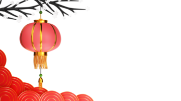 3D Chinese Lantern Hang With Flower Branch, Round Shapes And Copy Space. png