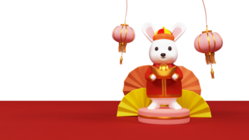 3D Render of Cartoon Rabbit Holding Ingot Over Podium With Hanging Chinese Lanterns, Origami Paper Fans And Copy Space. png