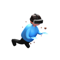 3d Renderização do uma masculino charatcer vestindo vr óculos de proteção e jogando com pequeno dourado elementos. jogos tecnologia conceito. png