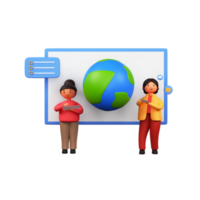 3D Render of Businesswomen Using Tablet With Presenting Earth Globe On Whiteboard Or Display Illustration. png