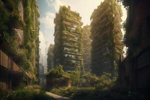 Splendid environmental awareness city with vertical est concept of metropolis covered with green plants civil architecture and natural biological life combination digital art. photo