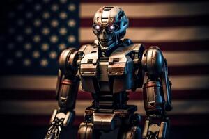 Hostile robot or evil artificial intelligence standing in front of american flag american science fiction industry. photo